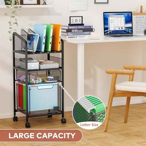 2 Drawer File Cabinet with Adjustable Dividers - 4-Tier Mobile Vertical Filing Cabinet on Lockable Wheels,Hanging File Organizer Cart for Letter-Size,Rolling Utility Cart for Home Office