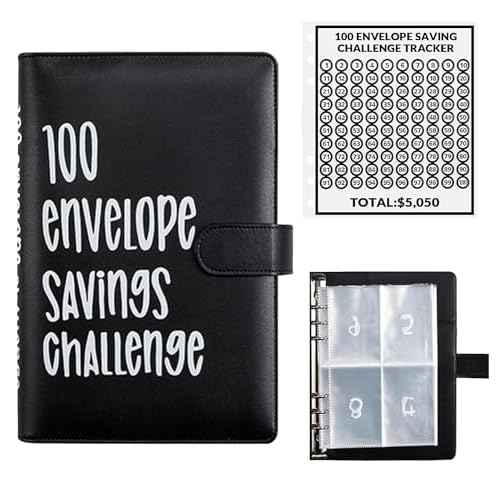 100 Envelopes Money Saving Challenge, 100 Envelope Challenge Binder, Easy and Fun Way to Save $5,050, Savings Challenges Budget Book Binder with Cash Envelopes for Office,Home,School (Black)