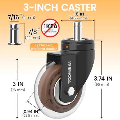 Upgraded,3 Inch Ultra Heavy Duty Office Chair Wheels,(Stem7/16-7/8), Replacement Rubber Caster Wheel, Set of 5,Silent, Smooth-Gliding, for Hardwood Flooring, Carpet Flooring,-Not for 1KEA Chairs