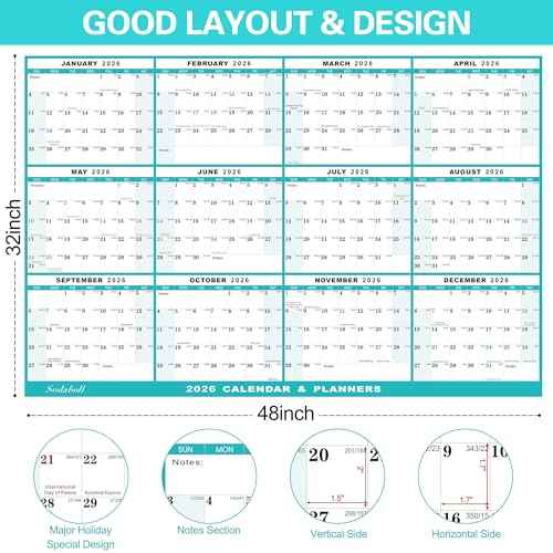 32" x 48" 2026 Wall Calendar, Folded Wet & Dry Erase Wall Calendar 12 Month, Annual Yearly Planner Yearly Laminated Calendar 2026 Horizontal/Vertical, with Julian Dates