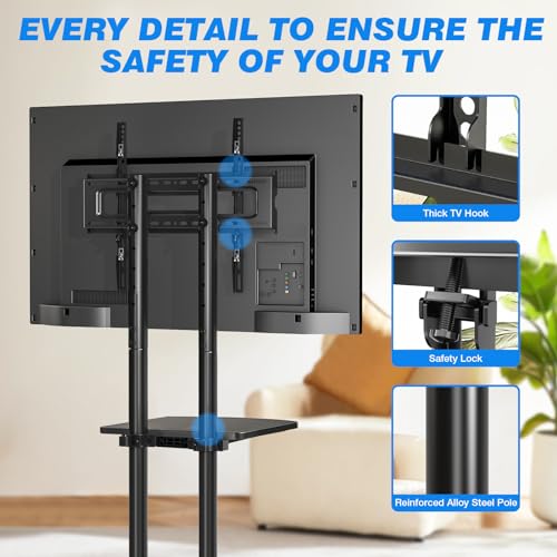 Rfiver Rolling TV Stand with Shelf - Height Adjustable Mobile TV Cart for 32-75 Inch TVs, Upgraded 360° Wheels, 88 lb Capacity, With Shelf
