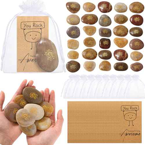 Roowest 30 Sets Inspirational You Rock Gifts Employee Appreciation Gift You Rock Engraved Inspirational Rocks Gift Faith Stones Cards Notecards Organza Bag for Staff Volunteer Teacher Nurse