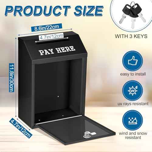 Safe Cash Box Money Collection Metal Donation Box with Lock Wall Mount Pre Drilled Mailbox Delivery Ballot for Home Office Outdoor Self Serve Stand(Black,11.8 x 8.6 x 4.7 Inch)