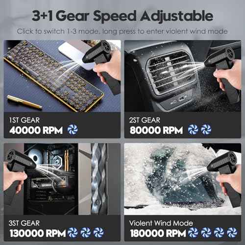 Compressed Air Duster, 180000RPM Electric Air Duster Whit LED Lighting & 9 Brush, 4 Gear Adjustable Turbo Fan, Cordless Air Blower Rechargeable, Air Duster for PC/Laptop/Keyboard/Car/Home Cleaner