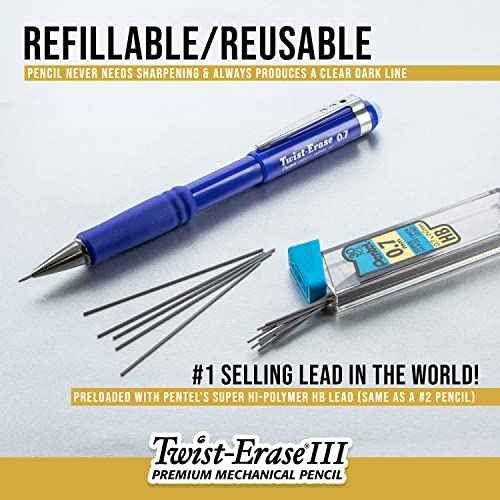 Pentel Twist-Erase III Mechanical Pencil, (0.7mm), Medium Line, Black Barrel, Pack of 4 (QE517BP4A)