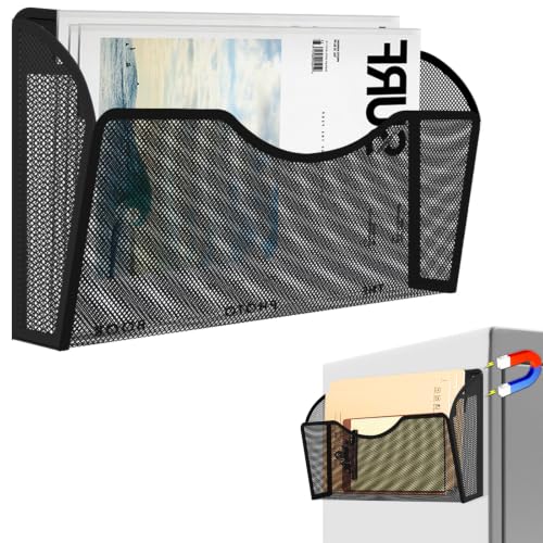 Black Magnetic File Holder 1 Pocket Organizer for Office & Kitchen - No Drilling