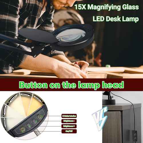 15X Magnifying Glass with Light and Clamp, 5 Color Modes 10 Levels Adjustable Brightness, 2-in-1 Desk Lamp with Clamp, Hands Free Magnifier with Dust Cover for Craft Hobby Reading Repair Close Works