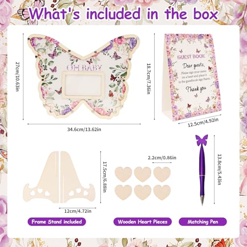Butterfly Baby Shower Guest Book Set with Frame, 60 Wooden Hearts, Pen – Purple Butterfly (Threelf)