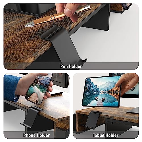 Simple Houseware Rustic Brown Dual Monitor Stand Riser with Drawer & Phone Holder