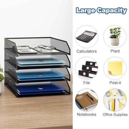 Natwind 4-Tier Stackable Paper Tray, Metal Mesh Desktop Organizer, A4 Paper Sorter, Letter Trays,File Folder Sorter Organizer with Sliding Tray for Home, Office, School (Black)