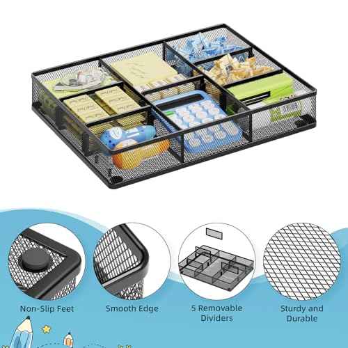 Marbrasse Desk Drawer Organizer, Metal Mesh Drawer Organizer Tray with 5 Adjustable Compartments,Desk Organizers and Accessories for Home,Office,Kitchen,Makeup,Vanity (Black)