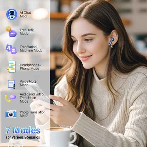 AI Translation Earbuds Real Time,164 Language/7 Translation Modes Translator Earbuds with Audio and Video Calls,No Subscription,5 EQ Modes Touch Screen Translator Headphones,48H AI Ear Buds, Dark Blue