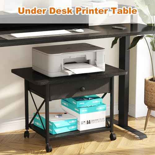 EasyCom 23.6" x 15.7" Extended Desktop Printer Stand with Storage Drawer, 2-Tier Under Desk Shelf Rolling Printer Cart with Wheels, Large Table for Home Office Fits 3D Printer Scanner Black