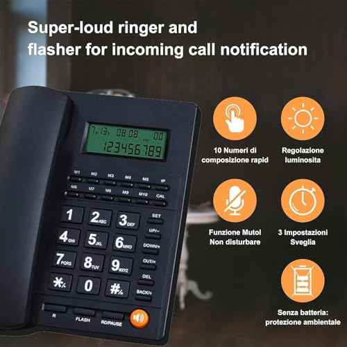 Corded Landline Phone with Dual Caller ID, Adjustable LCD Brightness, 16 Ringtones, Alarm and Anti-Theft Features, Ideal for Home/Office/Hotel