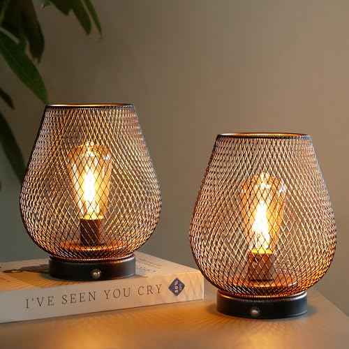 JHY DESIGN Dimmable Touch Bedside Table Lamp Set of 2 Rechargeable Battery Powered Lamp with LED Bulb Cordless Accent Lamp for Weddings Parties Patio Events Indoors Outdoors(Metal Base, Bronze Egg)