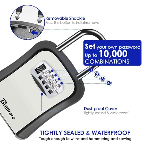 Brillirare Key Lock Box 4-Digit Waterproof Wall Mount, Removable Shackle, Large Capacity