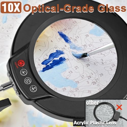 LANCOSC 10X Magnifying Glass with Light and Stand, 3-in-1 Adjustable Swing Floor Lamp, 5 Color Modes Stepless Dimmable, LED Lighted Hands Free Magnifier & Clamp for Reading, Crafts, Painting, Esthetic
