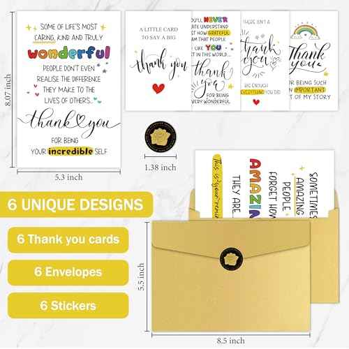 6 Pcs Thank you Cards with Envelope, 8 x 5.3 Inches, Appreciation Card for Men Women, Lovely Thank You Gifts Card for Friend, Coworker, Teacher