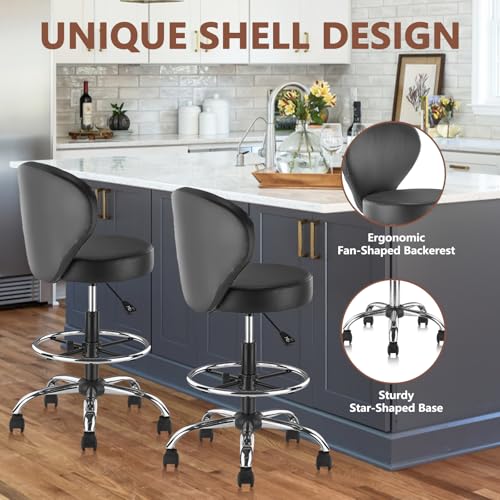 KLASIKA Black PVC Faux Leather Drafting Chair Rolling Stool 36in Adjustable Back/Foot Rest