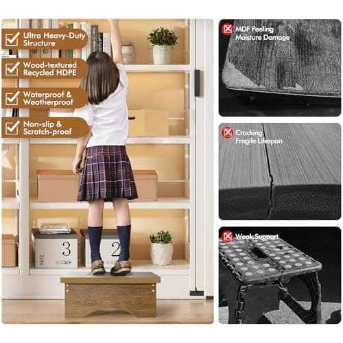 Y&M One Step Stool for Adults & Seniors, Waterproof HDPE Bedside Support Step Stool with Non-Slip Foot, 5.6" Heavy Duty Bed Step for High Beds, Bedroom, Office, Kitchen, Living Room ? Rustic Brown