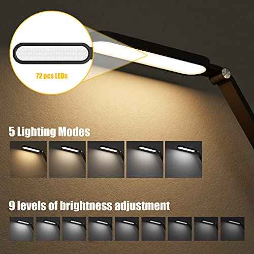 JKSWT LED Desk Lamp, Eye-Caring Table Lamps Natural Light Protects Eyes Dimmable Office Lamp with 5 Color Modes USB Charging Port Touch Control and Memory Function, 10W Reading Lamp,Black