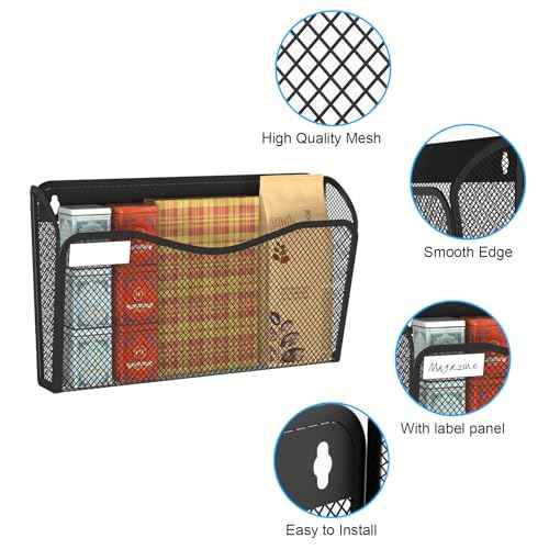Wall File Organizer, Mesh Hanging File Organizer, Home Office Organization and Storage, 6 Single Pockets Document Magazine Rack