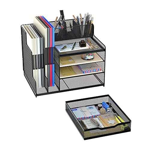 VIVSOL Desk Organizer with Mesh File Holder, 4-Tier Office Supplies Desk Organizers and Accessories with Sliding Drawers & Pen Holder, Desk File Organizer and Storage for Office, School, Home, Black