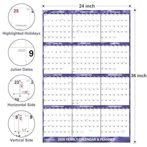 24" x 36" 2026 Wall Calendar Dry Erase - Folded Large Starry Sky Wall Calendar 2026, Wet & Dry Erasable, Laminated 12-Month Annual Yearly Planner, Reversible, Horizontal/Vertical, Purple