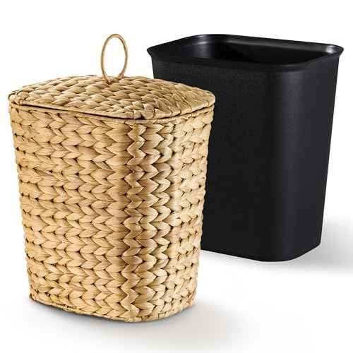 BLUEWEST 2.6 Gallon Wicker Trash Can with Lid, Handwoven Rattan Trash Can, Woven Decorative Wastebasket, Wicker Waste Basket with Removable Plastic Inner Bin for Bathroom, Bedroom, Office, or Kitchen