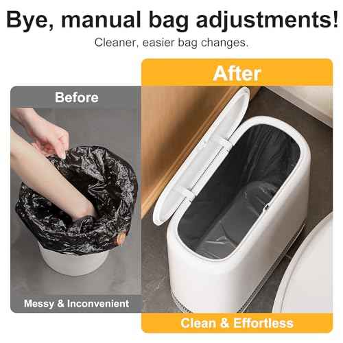 Slim Bathroom Trash Can with Lid - Pop Up & Air-Press Bag Expander - 3 Gallon Small Garbage Can for Bedroom, Dorm, Office(Bin: White | Includes 5 Rolls (75 Bags))