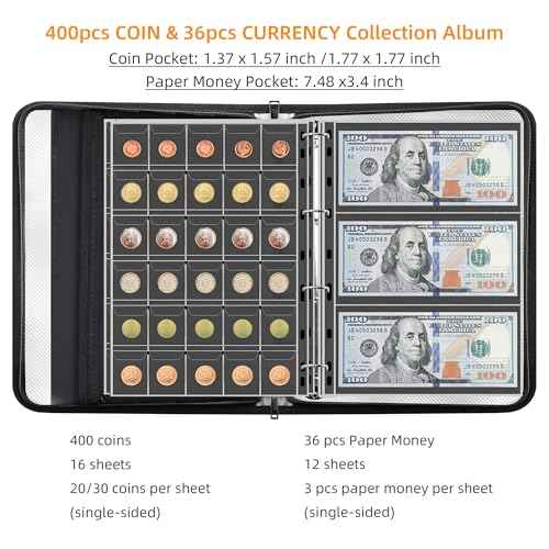 5200¢µ Coin Collection Album with Lock, 400 Pockets Fireproof Coin Book & 36 Paper Currency Binder Sleeves, Coin Holder with Aluminum Foil Lining, Collecting Organizer for Pennies,Bill,Stamps,Badges