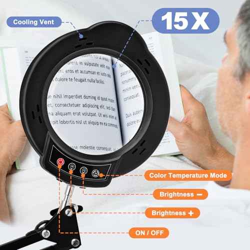 15X Magnifying Glass with Light and Clamp, Lighted Magnifying Glass Desk Lamp LED Magnifier Lamp with Light and Clamp 5 Color Mode 10 Brightness Dimmable Magnifier Lamp for Reading Close Work Craft