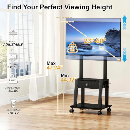 Aokitsink Mobile TV Stand with Drawer for 23-60 Inch TVs, Tilt Rolling Cart, 2 Shelves, Height Adjustable, 50 lb Capacity, VESA 400x400mm – Black