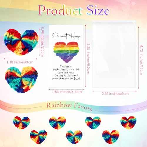 200 Sets Pocket Hug Gift Bulk Rainbow Party Favor Emotional Cheer Support Pride Gift Cute Hand Crocheted Pocket Hug Heart Inspirational Card and Bags Christmas Party Favor for Family Friends