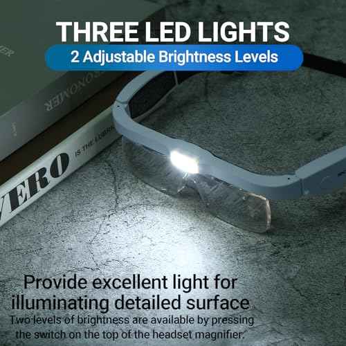 YOCTOSUN Magnifying Glasses with Light, Magnifier Headset with 5 Detachable Lenses 0.75X-4.0X and 3 LED Lights, Rechargeable Hands Free Head Magnifying Glass for Close Work Hobby Crafts Jewelry