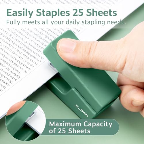 NUSIGN Mini Stapler with 830 Staples - Green, 25 Sheet Capacity, Compact Desk Stapler