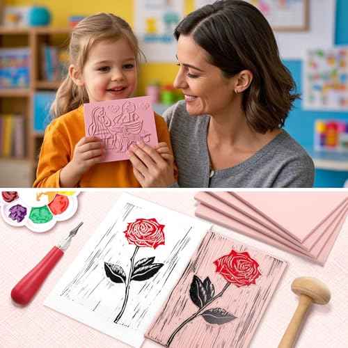Linocut Kit for Printmaking with 5PCS 4"x6" Soft Rubber Linoleum Blocks, Brayer & Carving Tools ? Block Printing & Stamp Making Supplies for Beginners & Artists