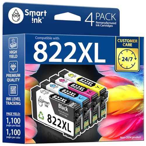 Smart Ink Remanufactured Ink Cartridge Replacement for Epson 822XL 822 XL T822XL to use with WF-3820 WF-4820 WF-4830 WF-4834 Workforce Pro Printers (BK & C/M/Y, 4 Combo Pack)