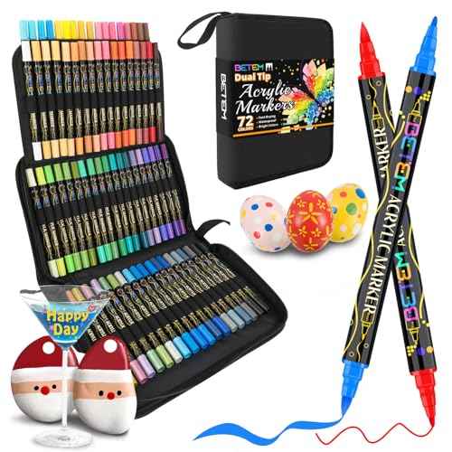 Betem Paint Markers Acrylic Paint Pens, Dual Tip 72 Colors Acrylic Markers with Brush Tip and Fine Point, Art Supplies for Wood, Canvas, Stone, Glass, Rock Painting Kit DIY Crafts Drawing Kit with Bag