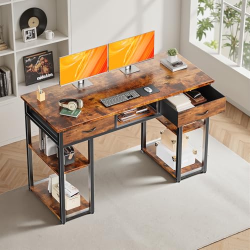 DUMOS 48" Small Computer Home Office Desk for Bedroom with Drawers, Gaming Writing Study Table with Storage Shelf, Adjustable Feet, Metal Frame Rustic Brown