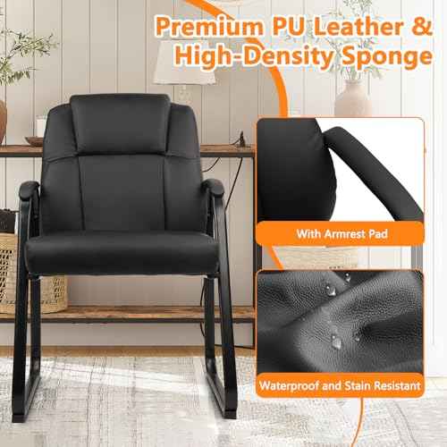 CLATINA Leather Guest Chair with Padded Arm Rest for Reception Meeting Conference and Waiting Room Side Office Home Black with Sled Base 1 Pack