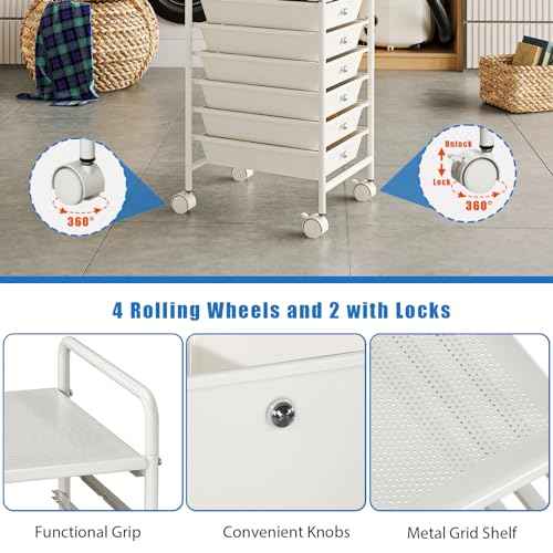 5-Tier Rolling Cart with 5 Drawers, Rolling Utility Cart with 2 Lockable Caster Wheels, Multipurpose Mobile Rolling Storage Drawer Cart for Office Bathroom Kitchen, Ivory White