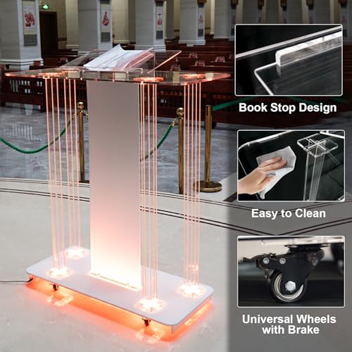 46in LED Acrylic Church Pulpit with Wheels – Clear Lectern Podium with 15 Color Lights (Variation: 46IN Podium)