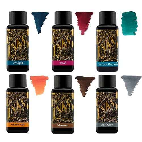 Diamine - 30ml Fountain Pen Ink - Colour Wheel - 6 x Bottles - Autumn Oak, Syrah, Macassar, Earl Grey, Aurora Borealis, Twilight