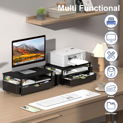 Spacrea Black Computer Monitor Stand with Drawer & Pen Holders - Space Saving Desk Organizer