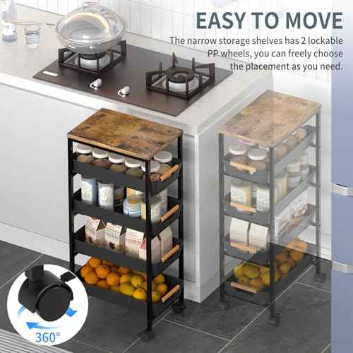 5 Tier Slim Rolling Utility Cart with Drawers Pull-Out Design Slim Storage Cart with Metal Frame and Wooden Top for Narrow Space in Home Kitchen Bathroom Black (Width 9.5 Inches)