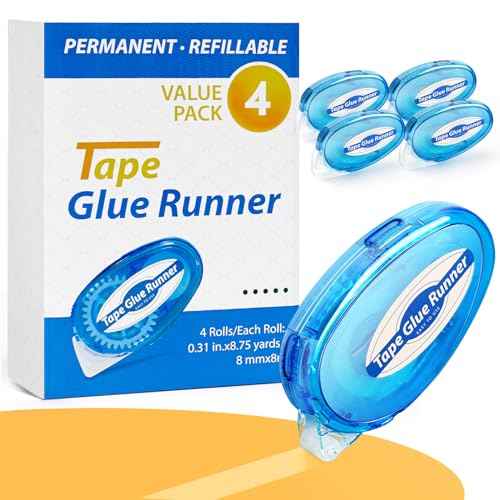 4 Pack Double Sided Tape Roller, 8mm x 315 Inch Permanent Adhesive Scrapbook Tape Dispenser Runner, Glue Tape Roller for Scrapbooking, Crafts and Arts Projects, Photo-Safe, Smooth & Clean