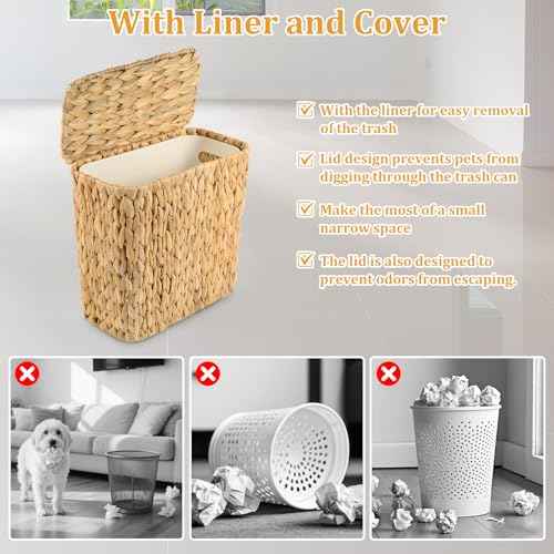Wicker Trash Can with Lid and Liner, Handwoven Wicker Waste Basket, Water Hyacinth Bathroom Trash Can, Boho Rattan Garbage Wastebasket for Bedroom Home Living Room Office Kitchen, 2.5 Gallon
