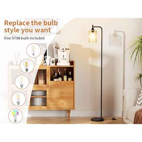 Floor Lamps for Living Room - Standing Lamp with Seeded Glass Shade, Modern Floor Lamp with LED Bulbs, Industrial Floor Lamp for Bedroom, Black Tall Lamp for Office(Light Bulb Included)