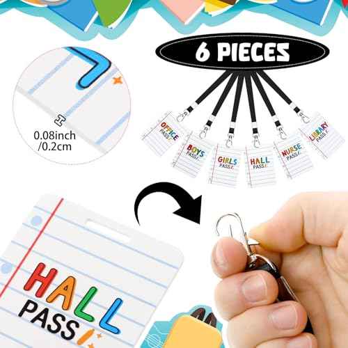 Sabary 6 Sets Pass Lanyards School Passes Wooden Hall Pass Set for Teachers and Classroom Supplies Including Hall Passes of Nurse, Restroom, Library, Office